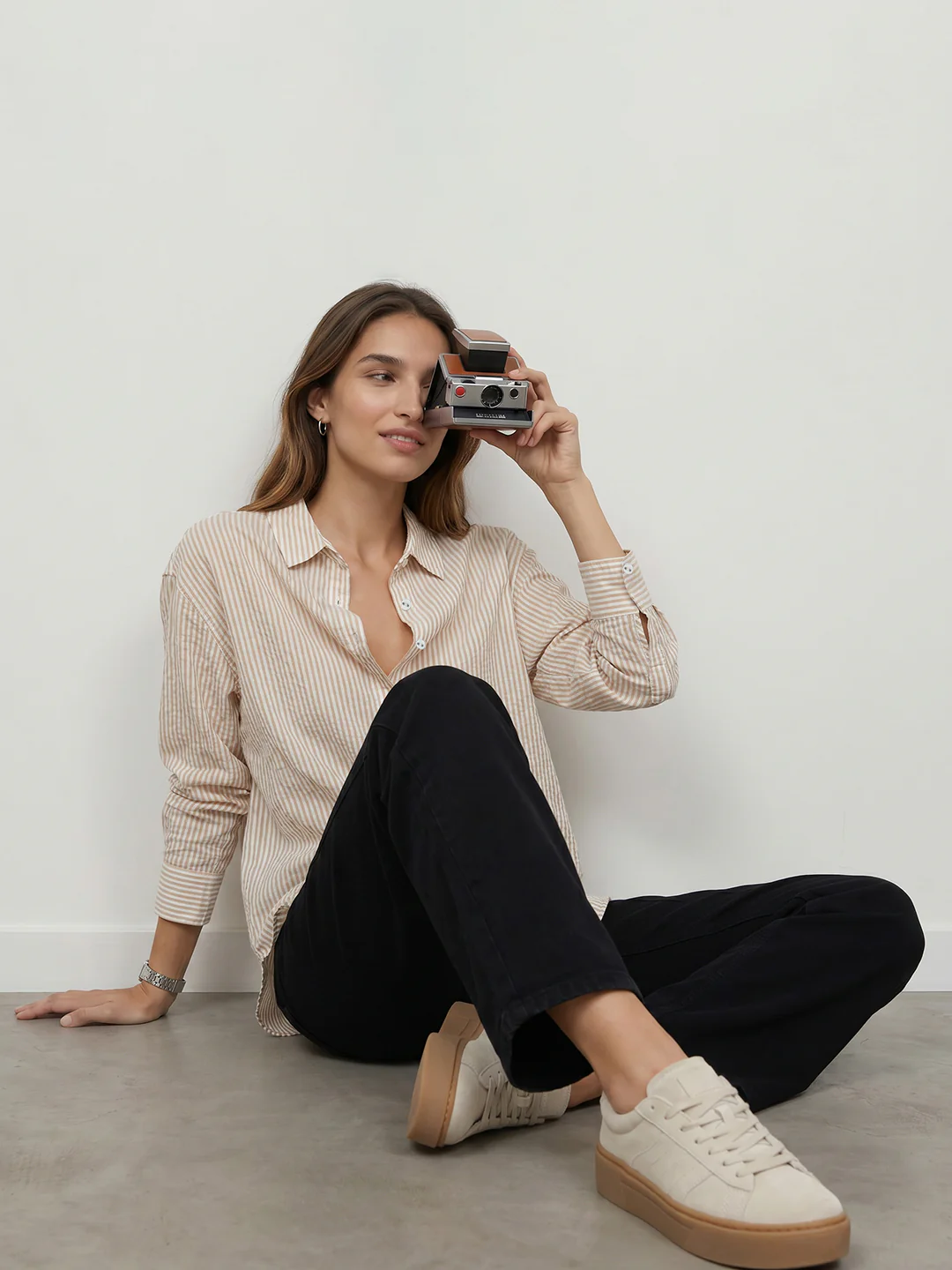 Women Beige/White Oversized Shirt