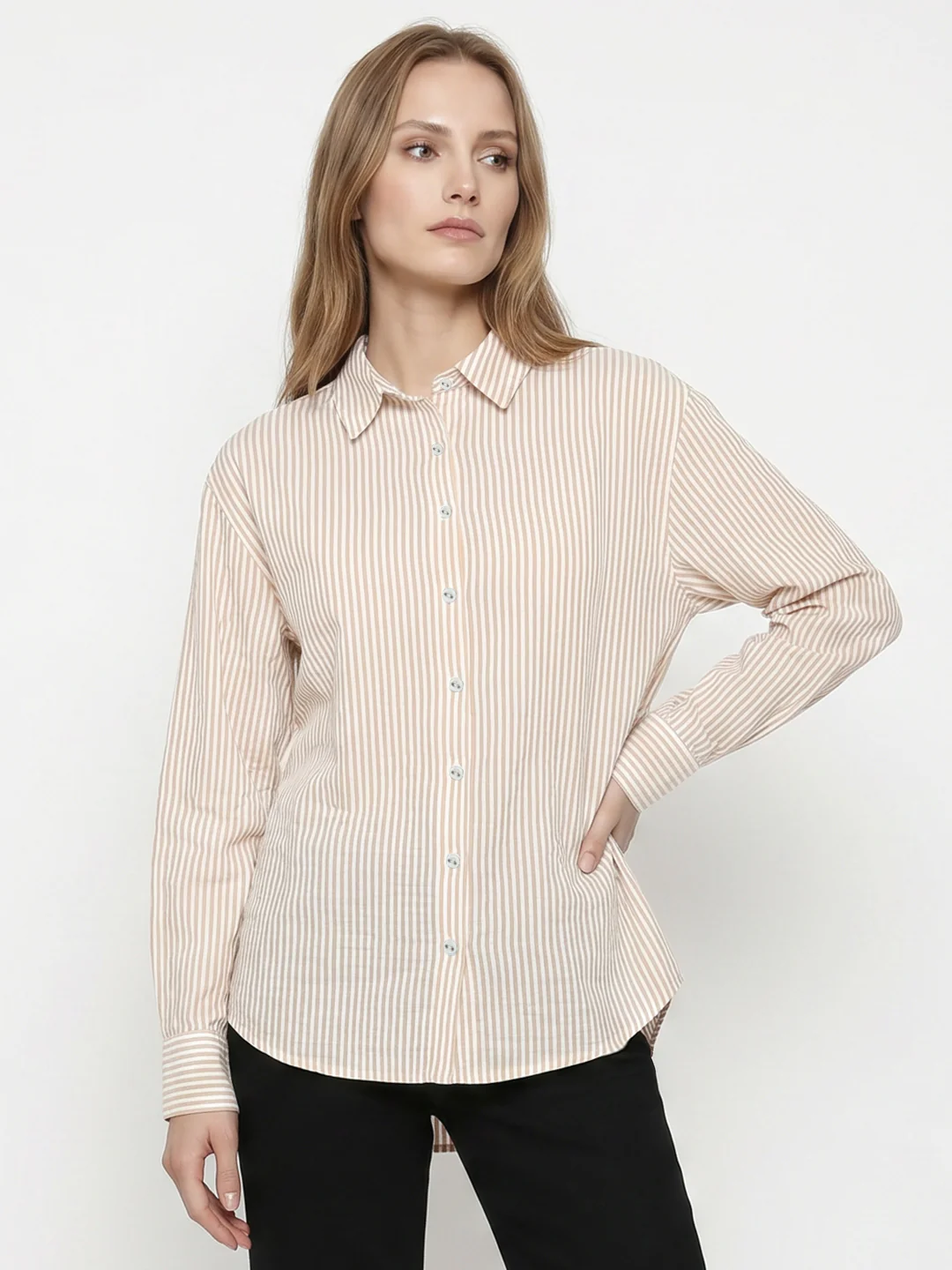Women Beige/White Oversized Shirt - Image 2