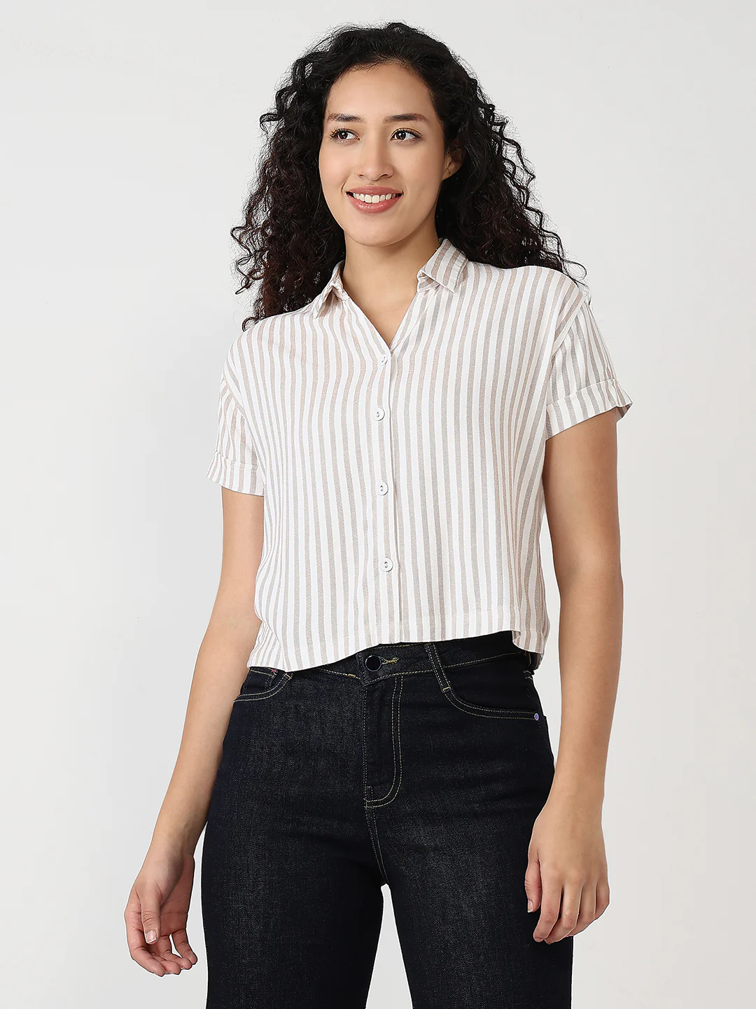 Women Beige/White Slim Crop Shirt - Image 2