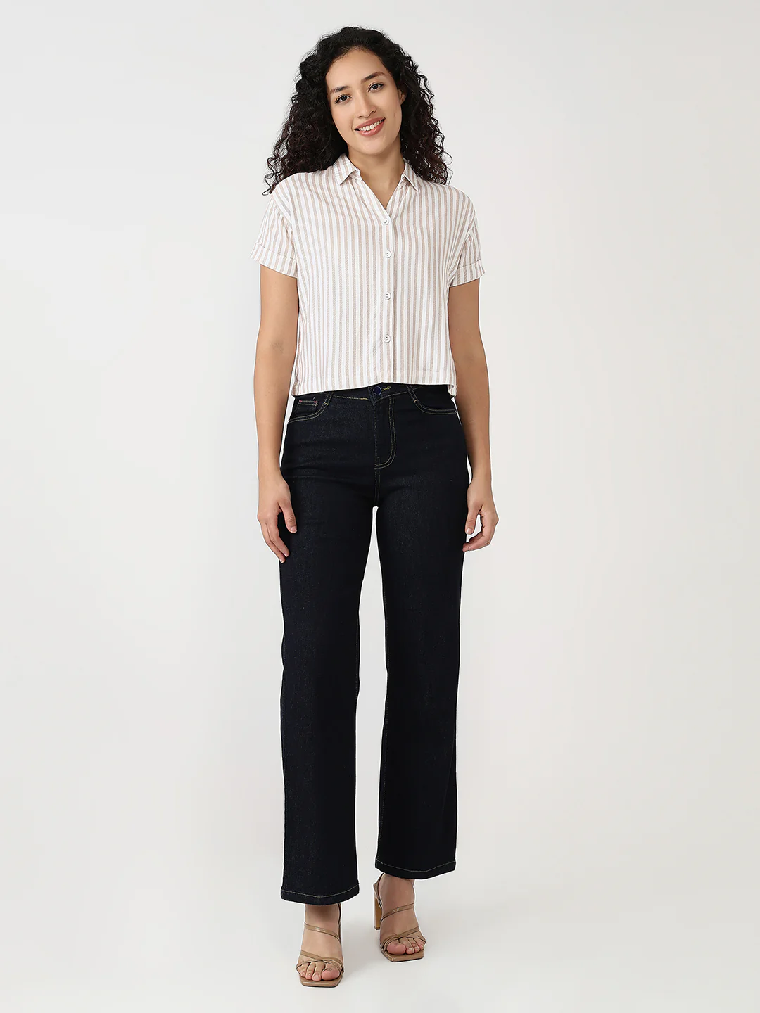 Women Beige/White Slim Crop Shirt - Image 3