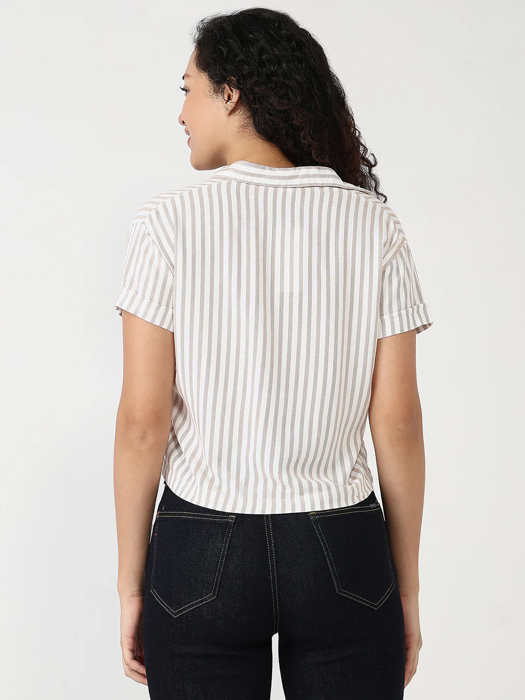Women Beige/White Slim Crop Shirt - Image 4
