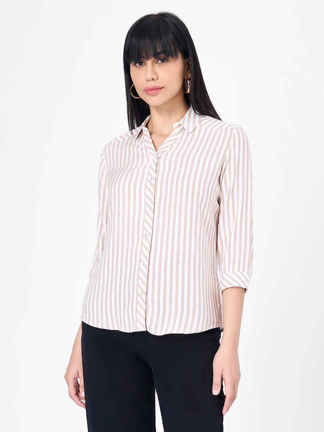 Women Beige/White Slim Shirt - Image 2
