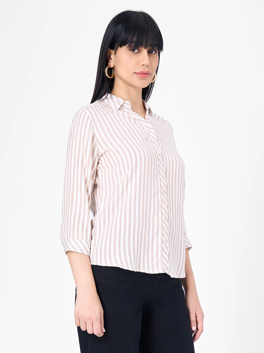 Women Beige/White Slim Shirt - Image 6