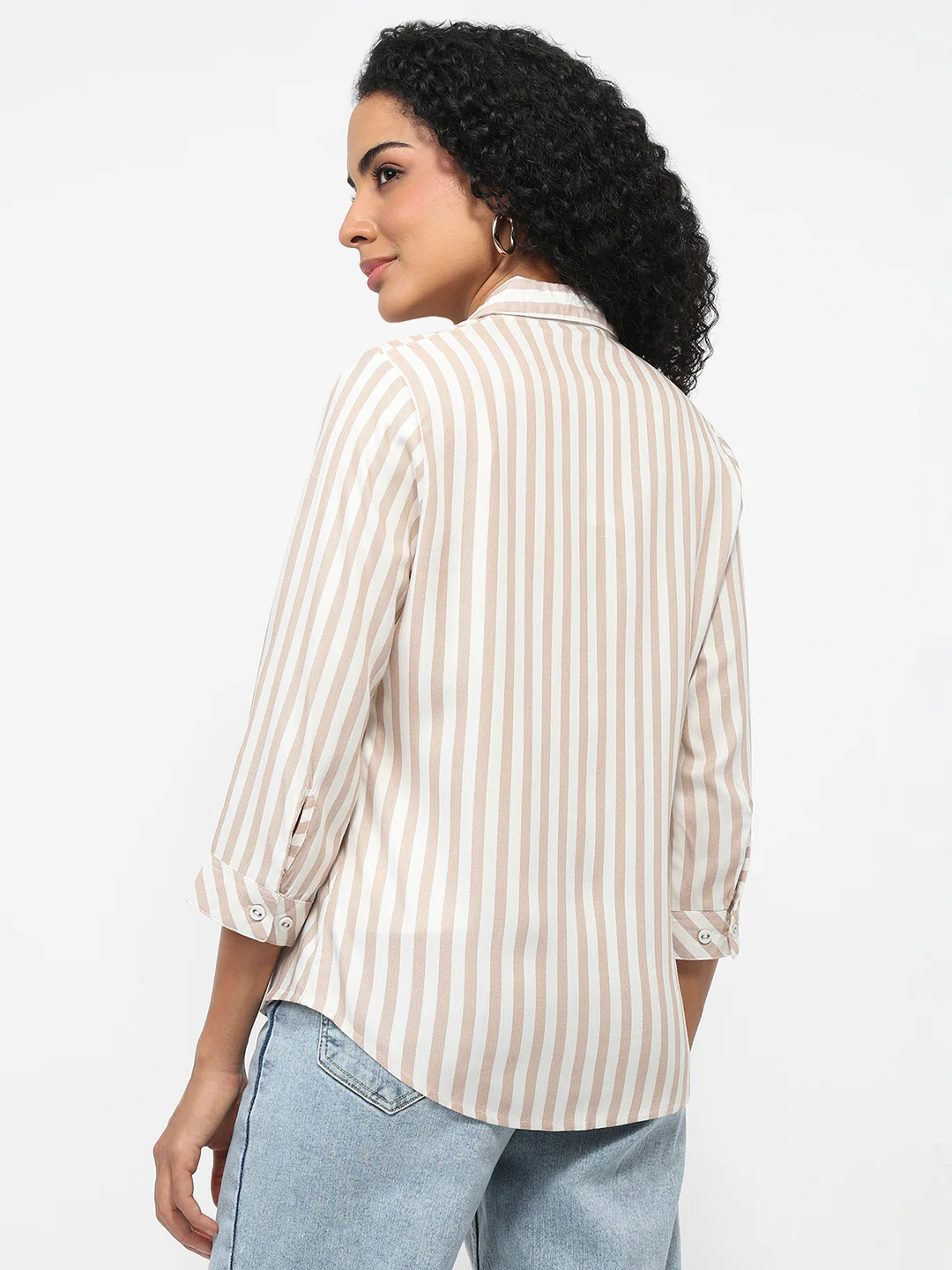 Women Beige/White Striped Shirt - Image 3