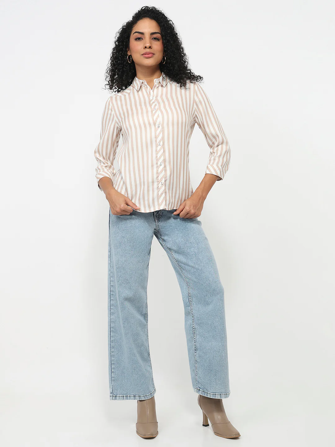 Women Beige/White Striped Shirt - Image 4