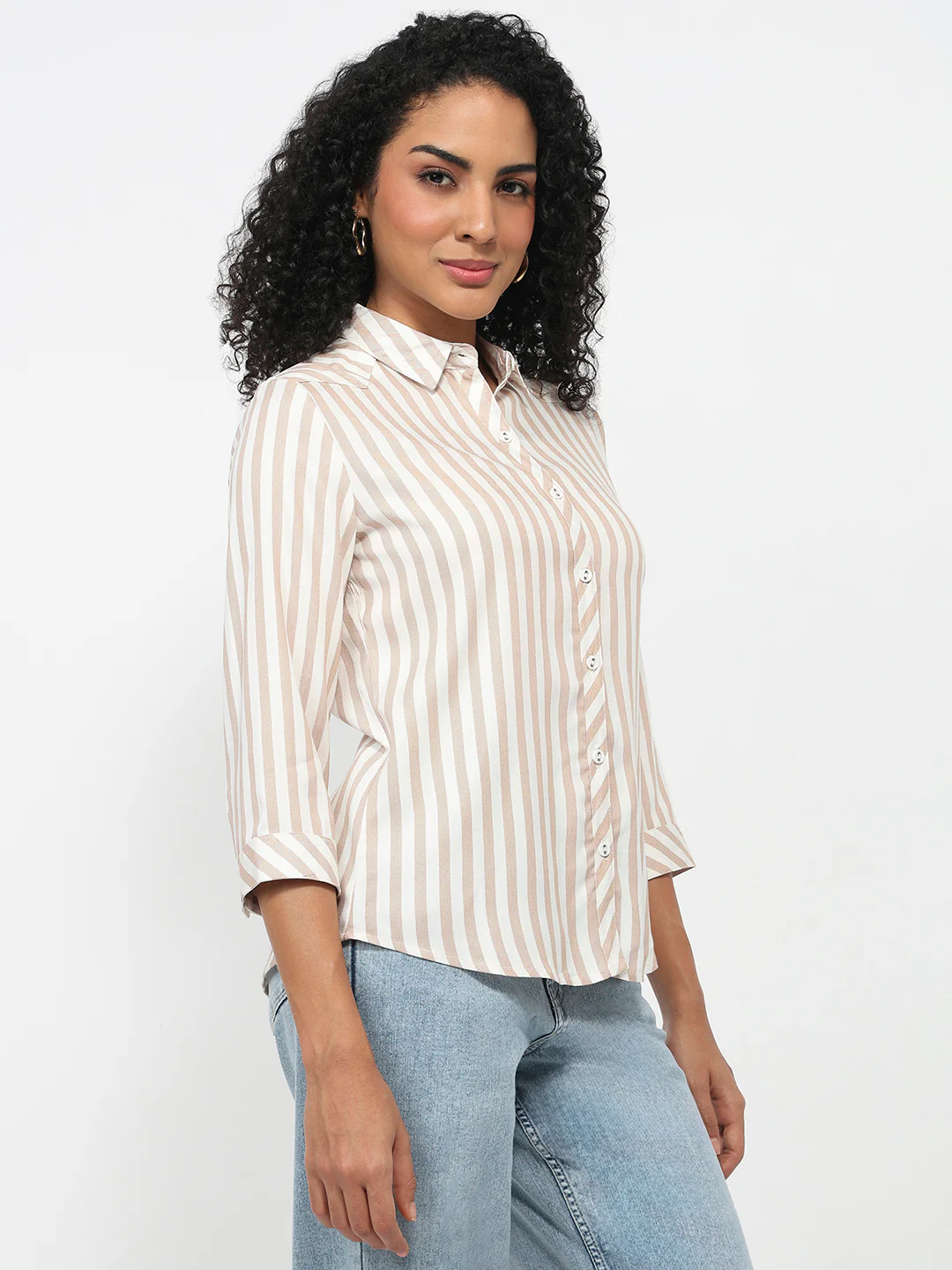 Women Beige/White Striped Shirt - Image 5