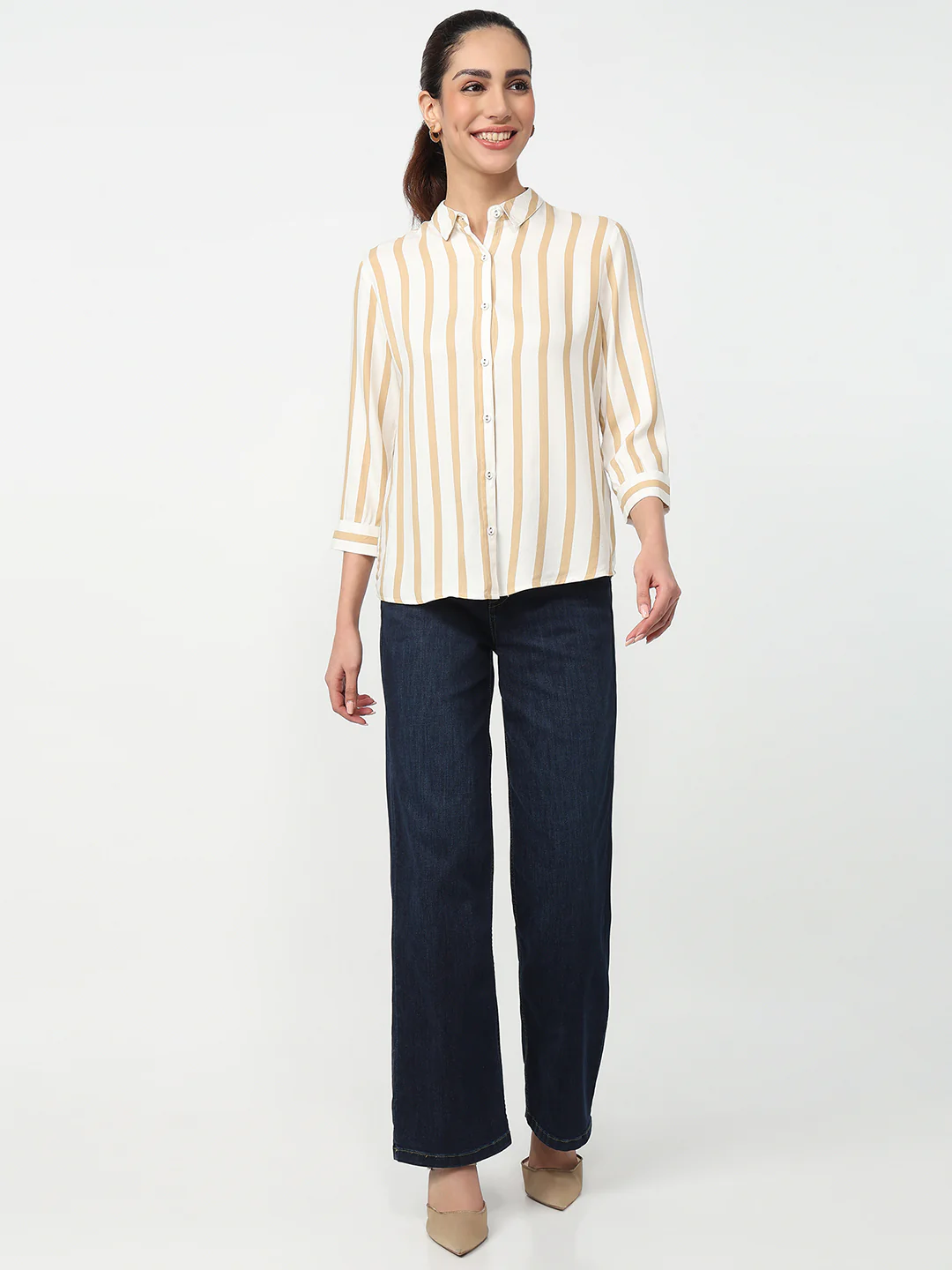 Women Beige/White Striped Shirt - Image 4