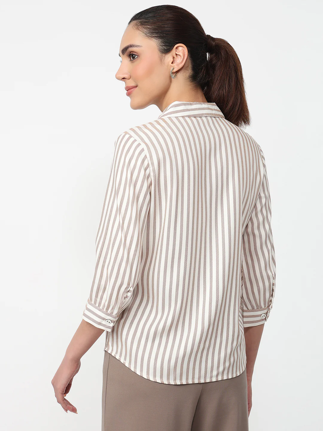 Women Beige/White Striped Shirt - Image 3