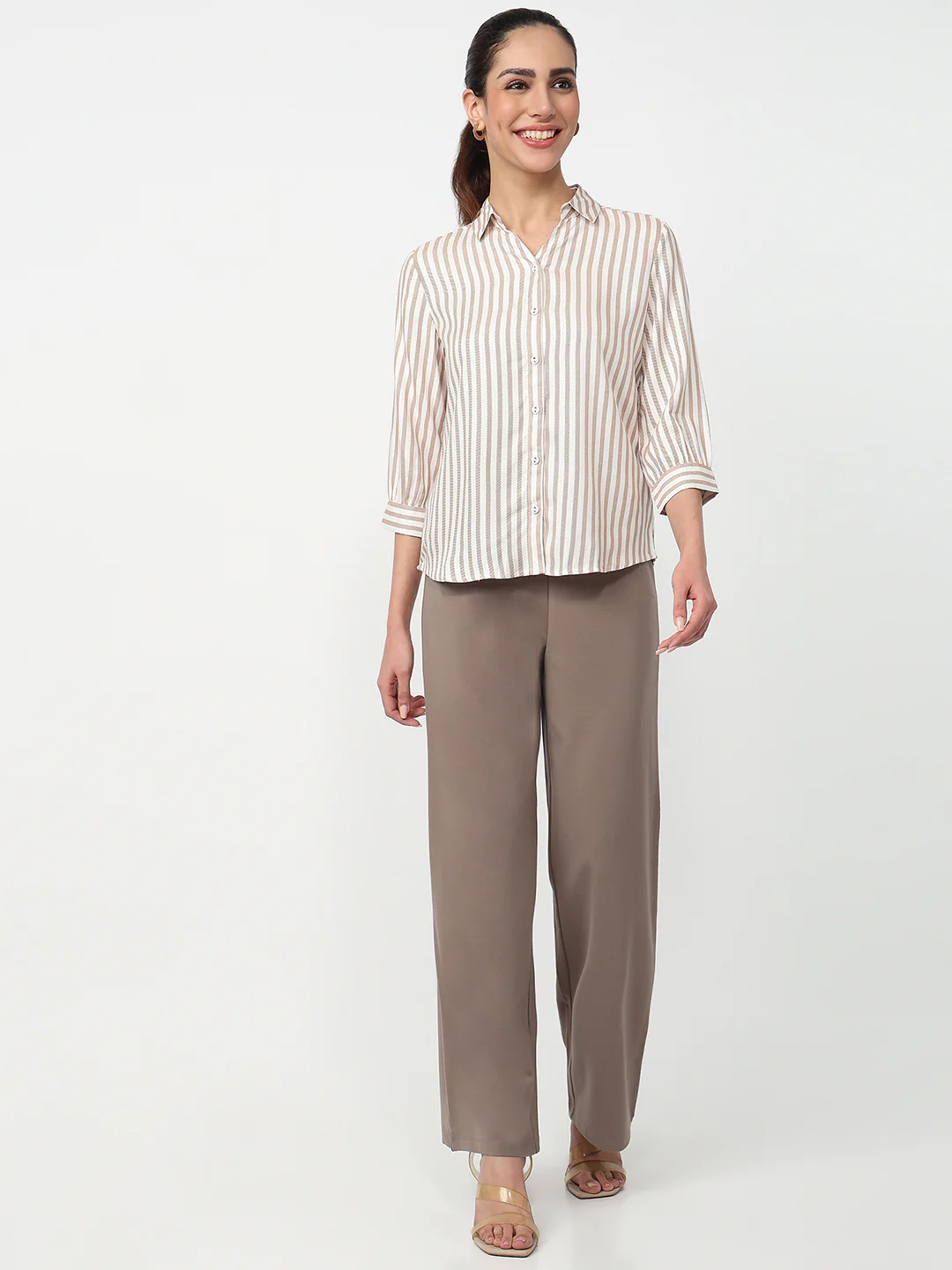 Women Beige/White Striped Shirt - Image 4