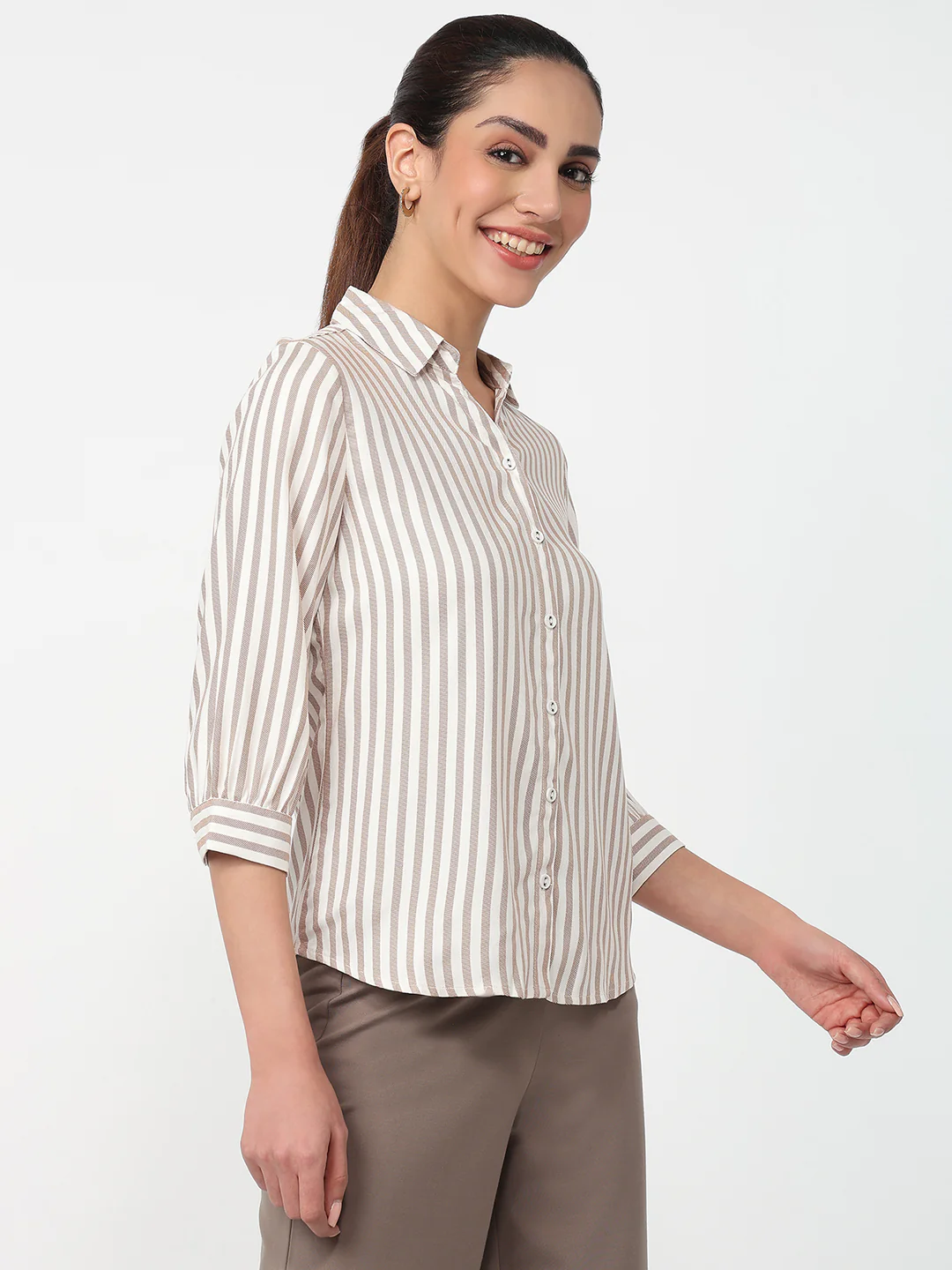 Women Beige/White Striped Shirt - Image 5