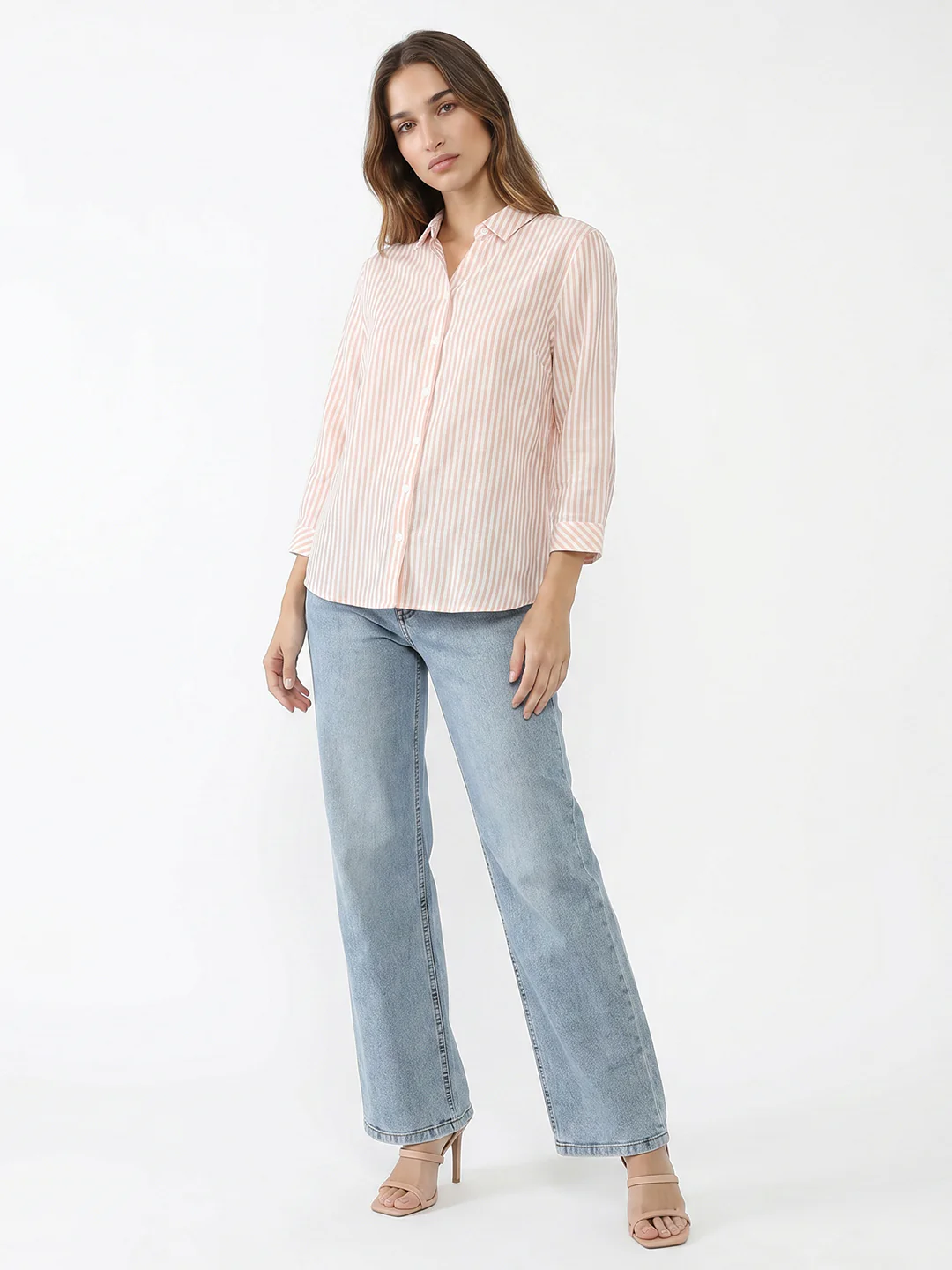 Women Beige/White Striped Shirt - Image 4