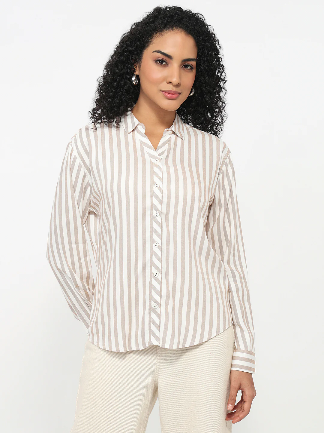 Women Beige/White Striped Shirt - Image 2