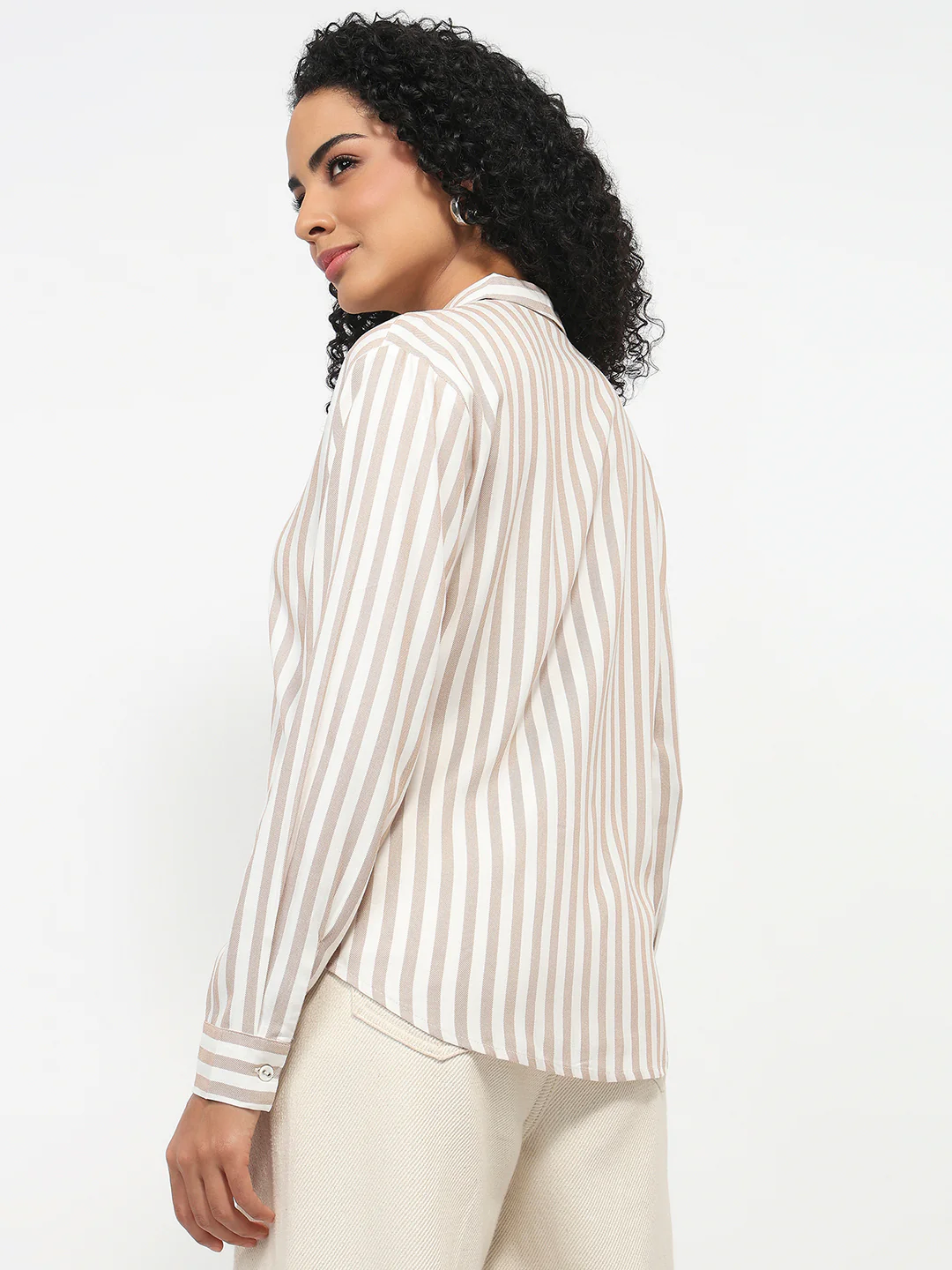 Women Beige/White Striped Shirt - Image 3