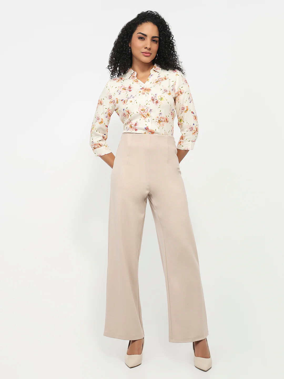 Women Beige Wide Leg Treggings - Image 4