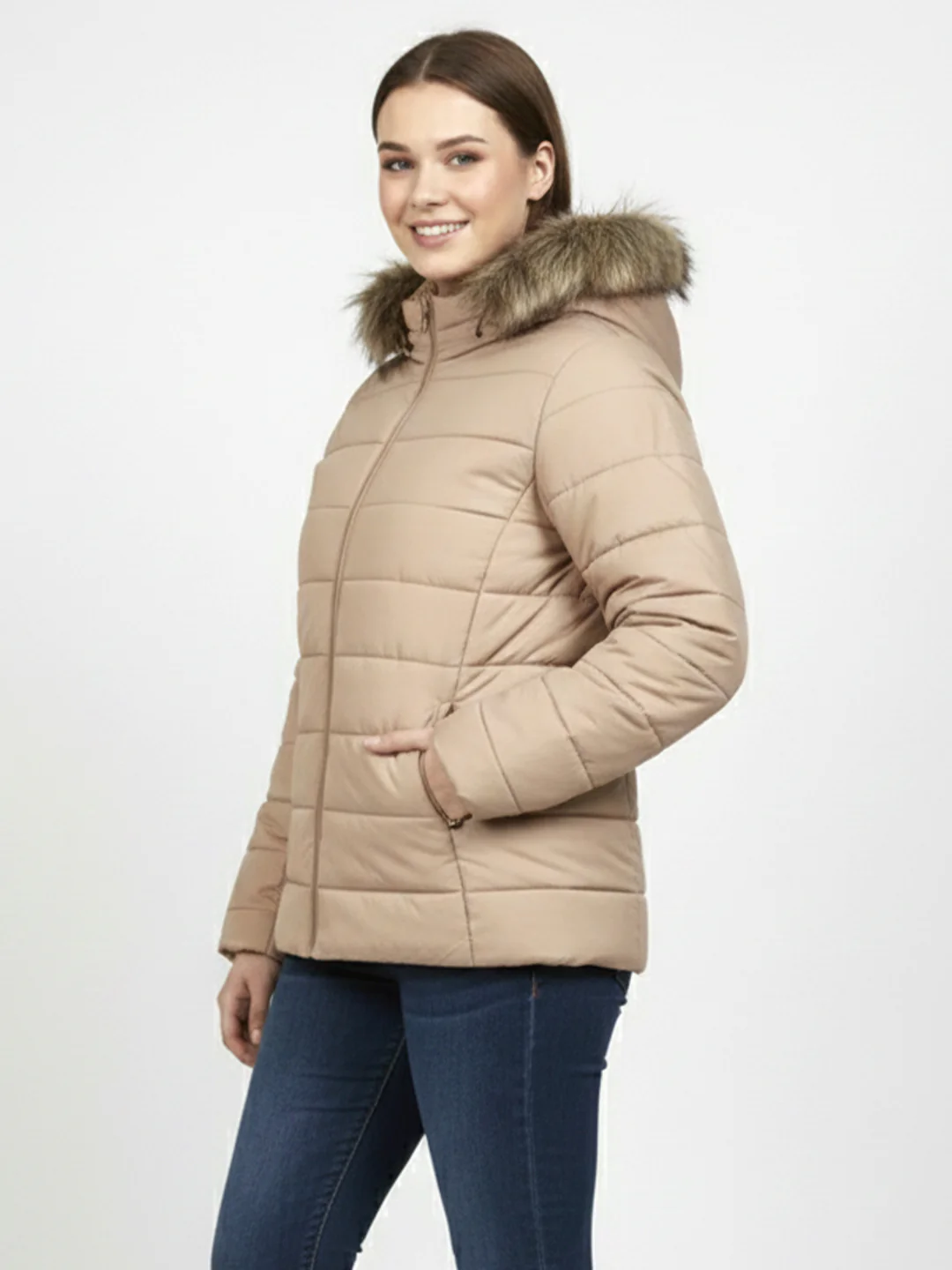 Women Beige Winter Jacket - Image 4