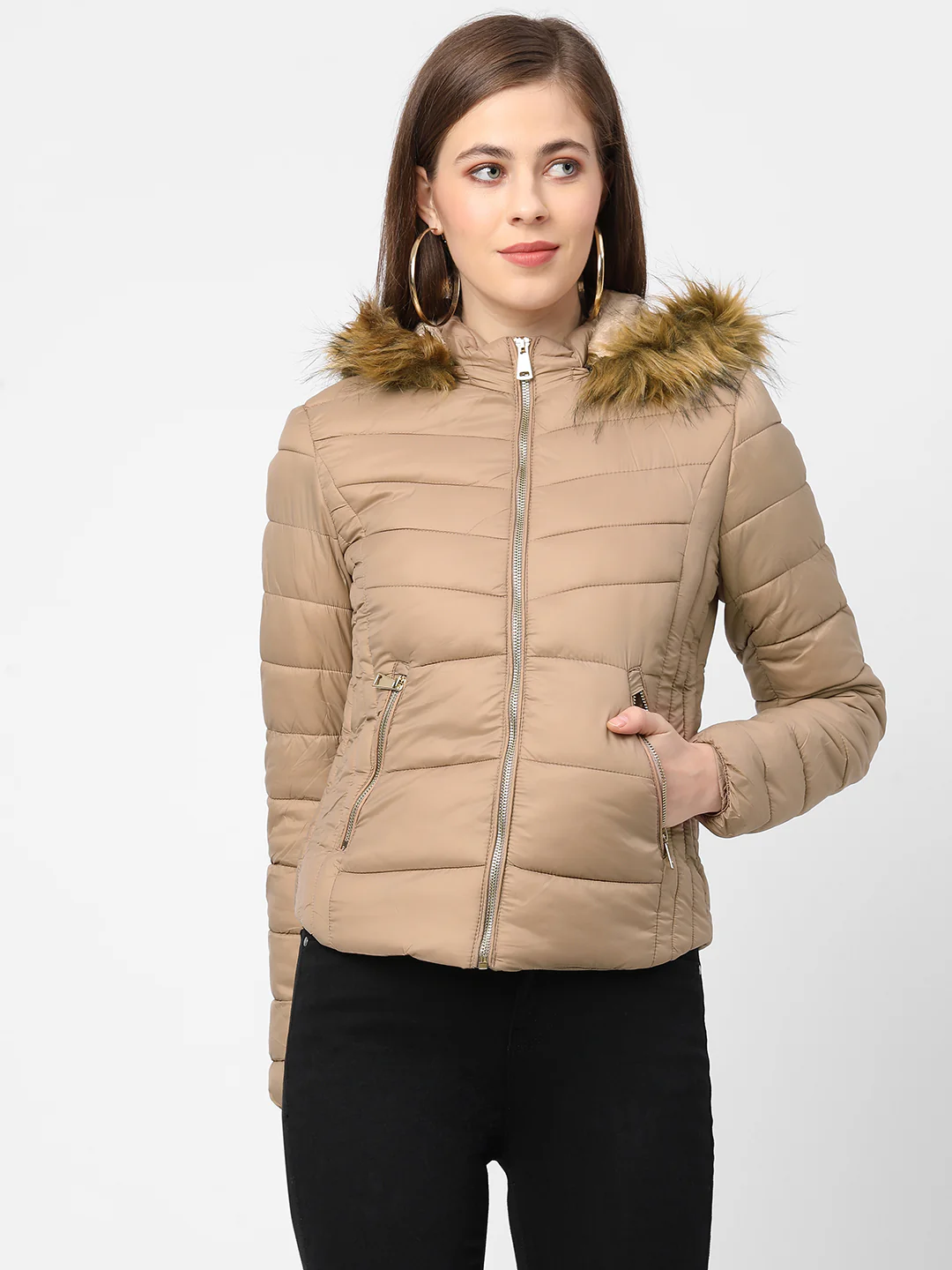 Women Beige Winter Jacket - Image 2