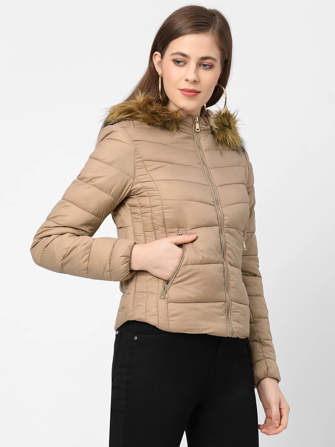 Women Beige Winter Jacket - Image 5