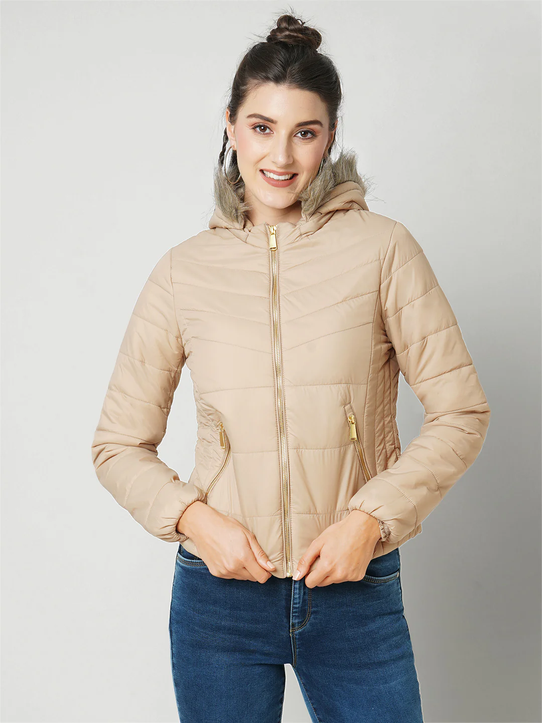 Women Beige Winter Jacket - Image 2