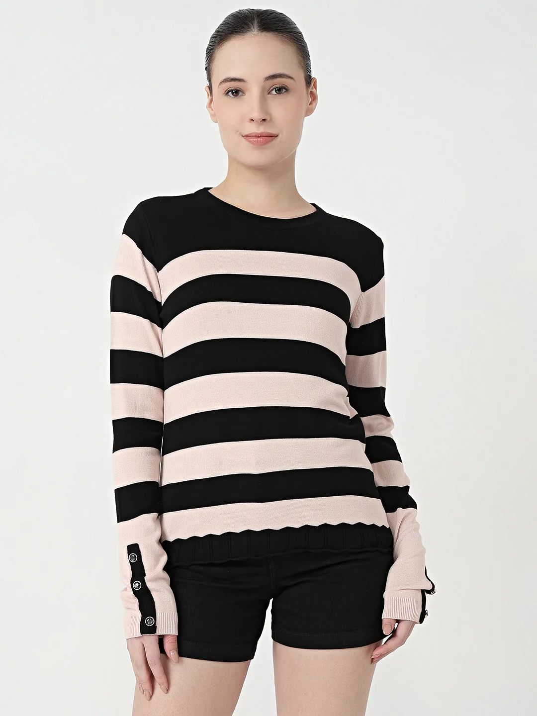 Women Black/Beige Slim Fit Flat Knit - Image 2
