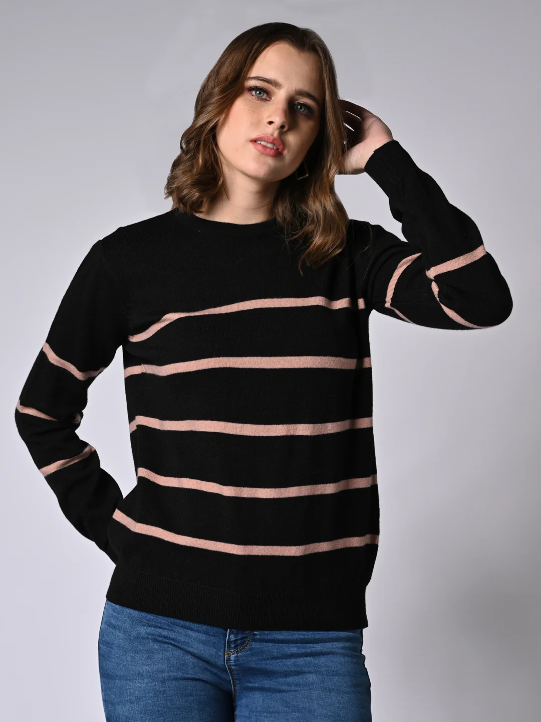 Women Black/Beige Slim Fit Sweater - Image 2