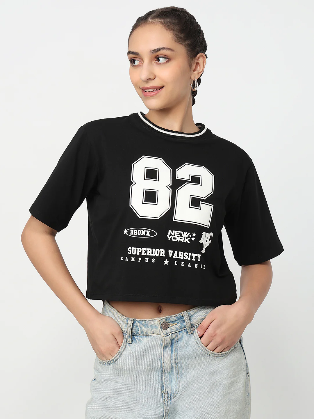 Women Black Crop Graphic Tees - Image 2