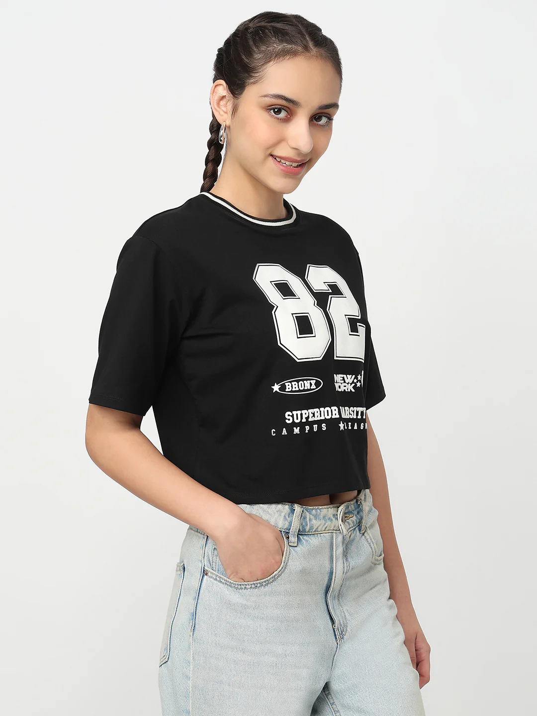 Women Black Crop Graphic Tees - Image 5