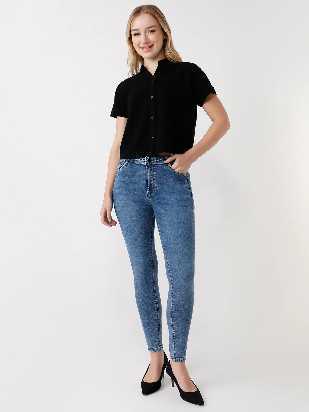 Women Black Crop Shirt