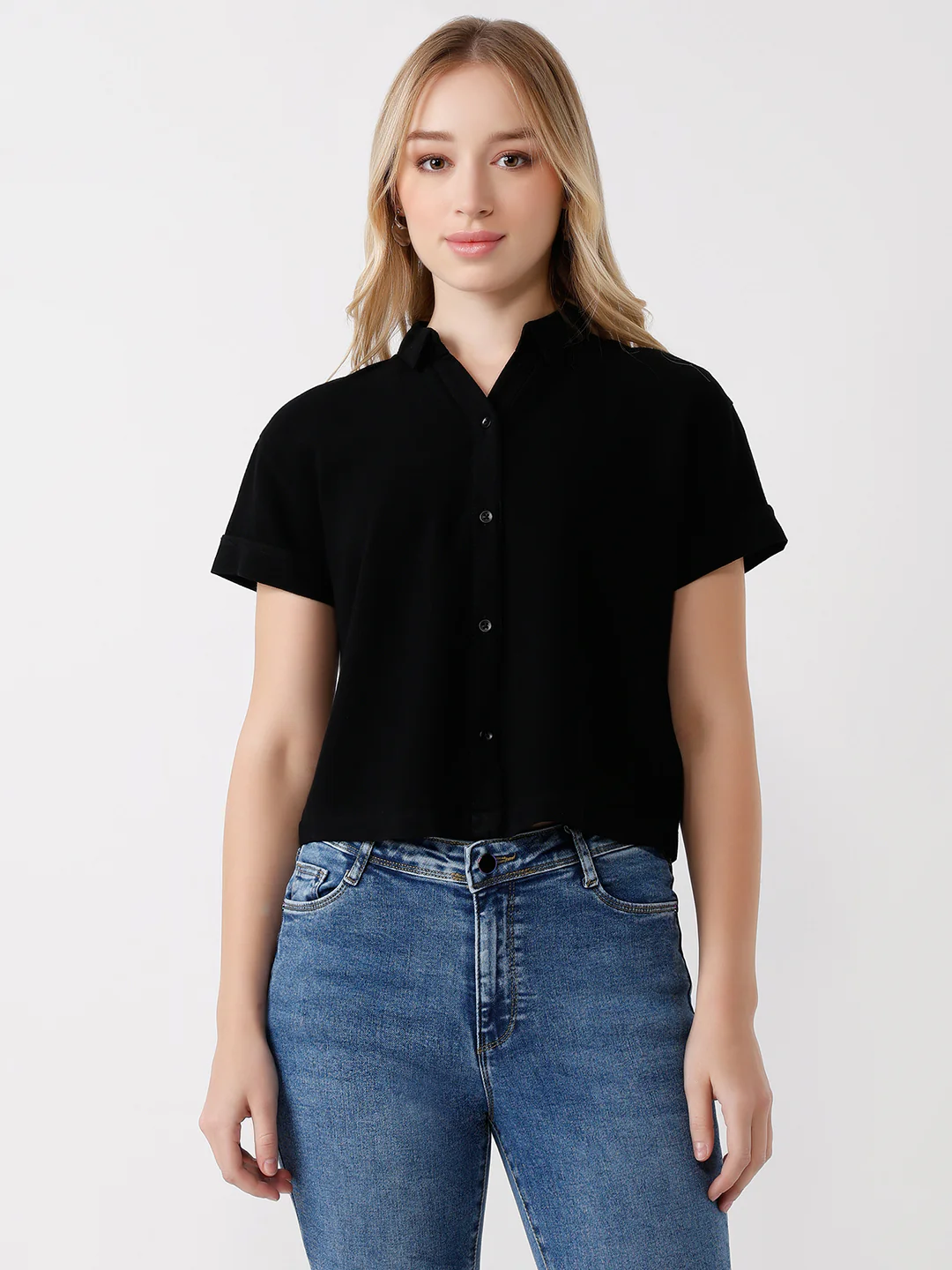 Women Black Crop Shirt - Image 2