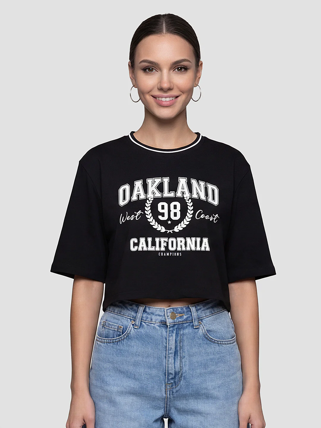 Women Black Graphic Crop Tees - Image 2