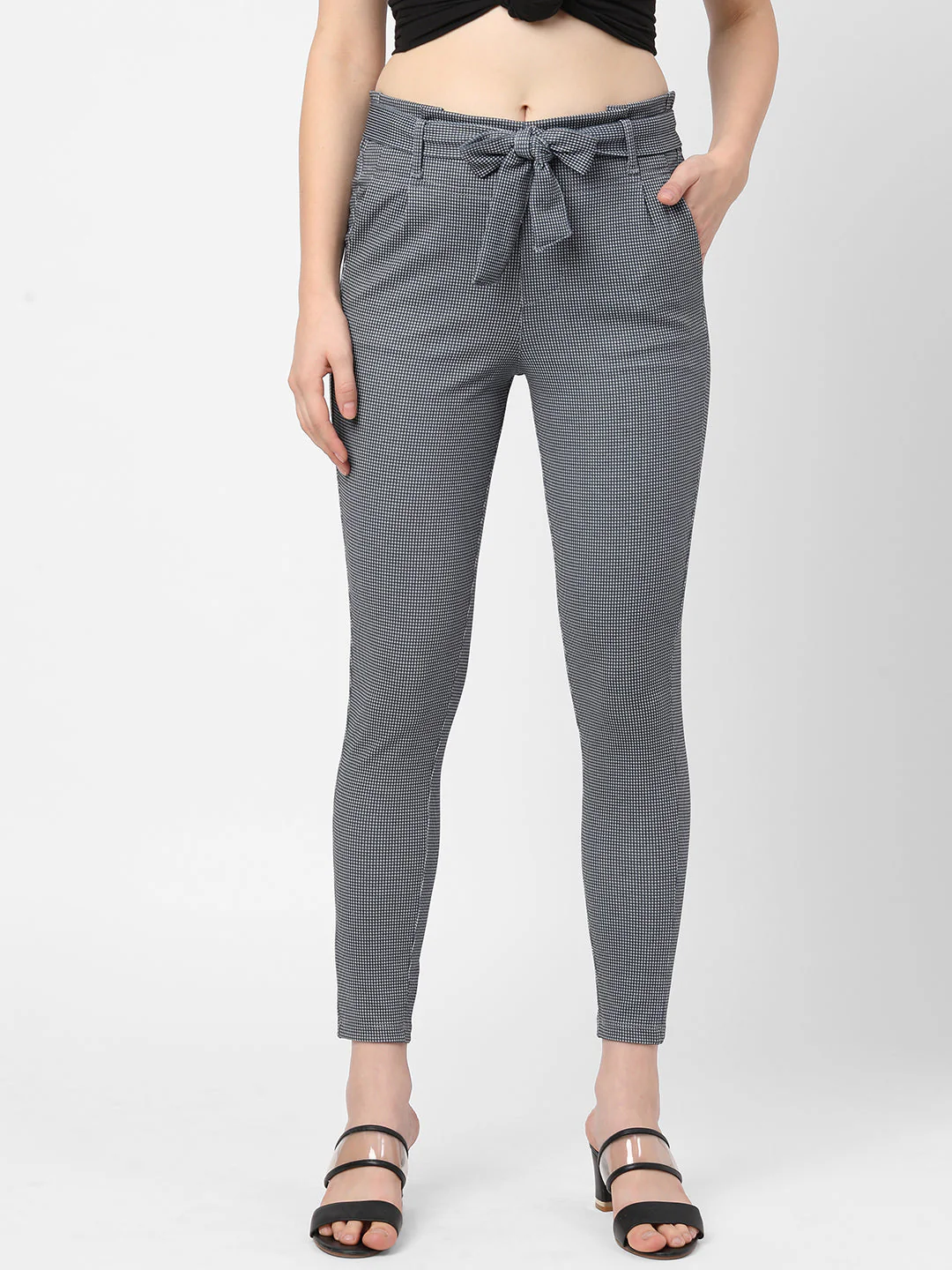 Women Black & Grey High-Rise Paper Bag Pants - Image 2