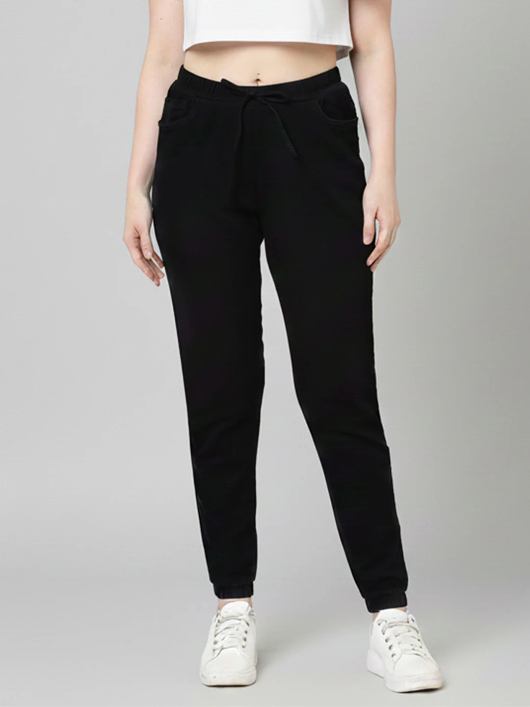 Women Black High-Rise Denim Joggers - Image 2