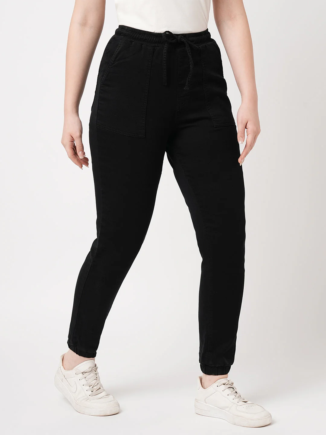Women Black High-Rise Denim Joggers - Image 5
