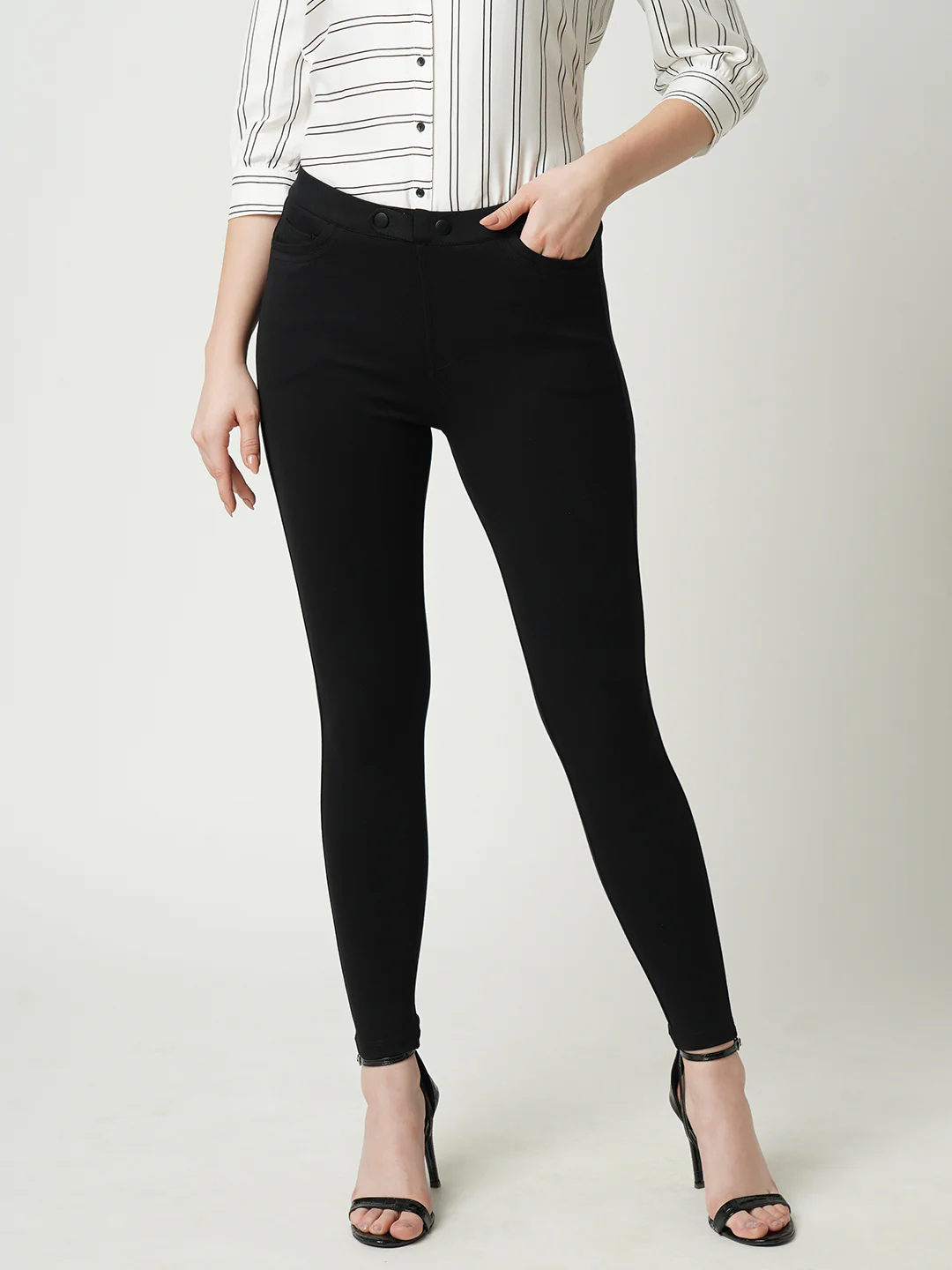 Women Black High-Rise Skinny Treggings - Image 2