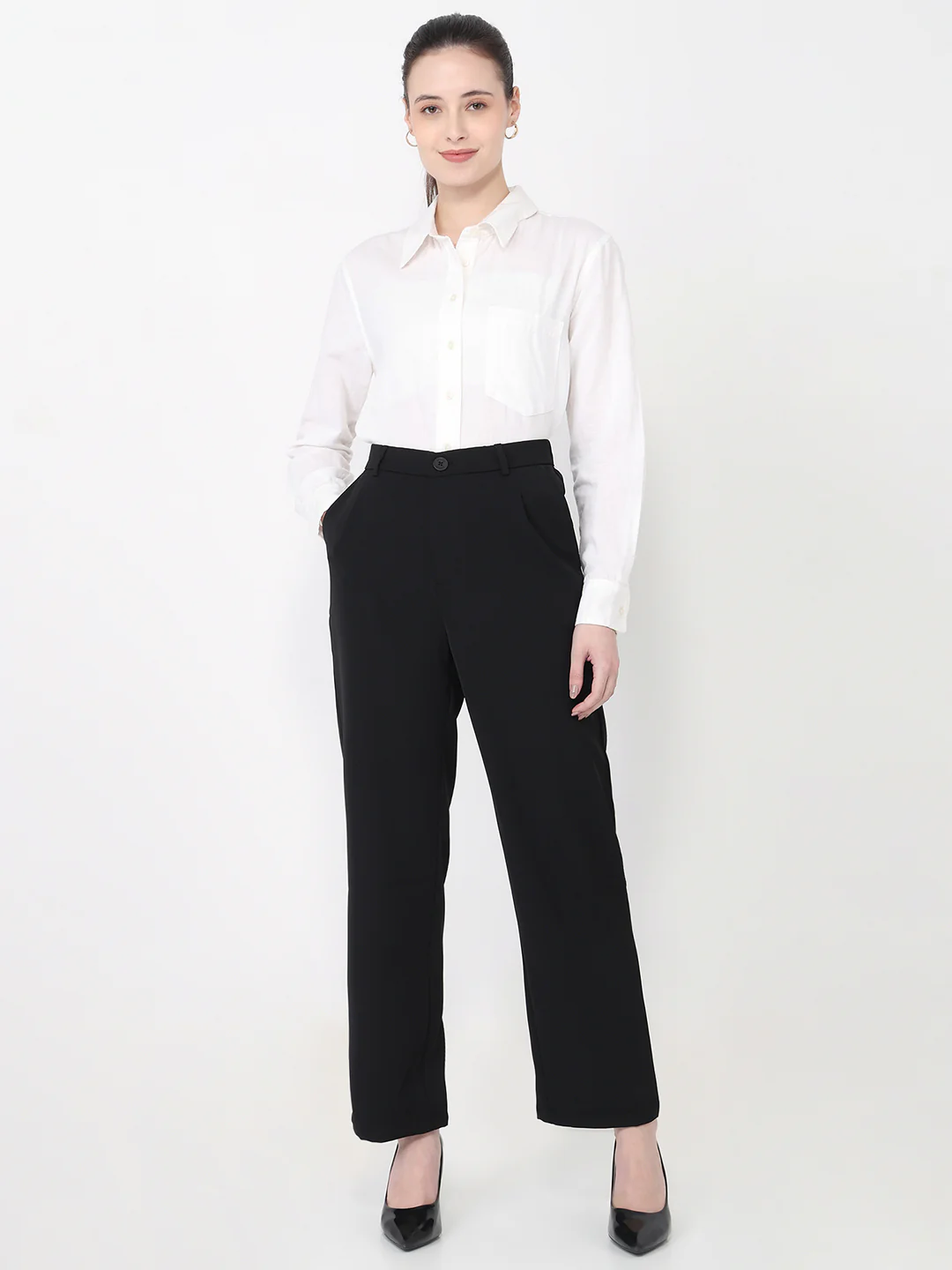 Women Black High-Rise Straight Fit Pants - Image 4