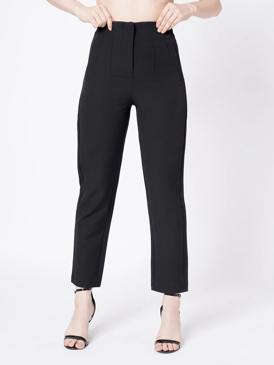 Women Black High-Rise Trousers - Image 2