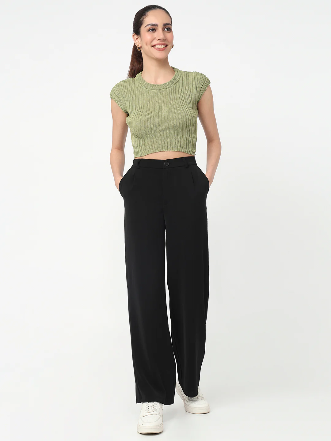 Women Black High-Rise Wide Leg Pants - Image 4