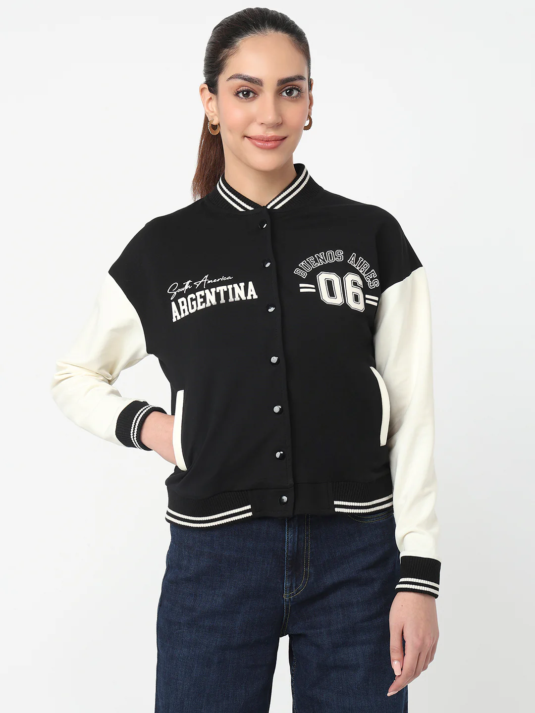 Women Black/Ivory Varsity Jacket - Image 2