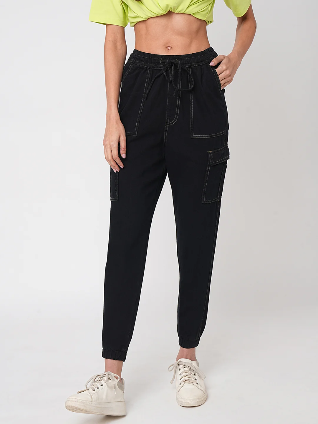 Women Black Mid-Rise Cargo Jogger - Image 2