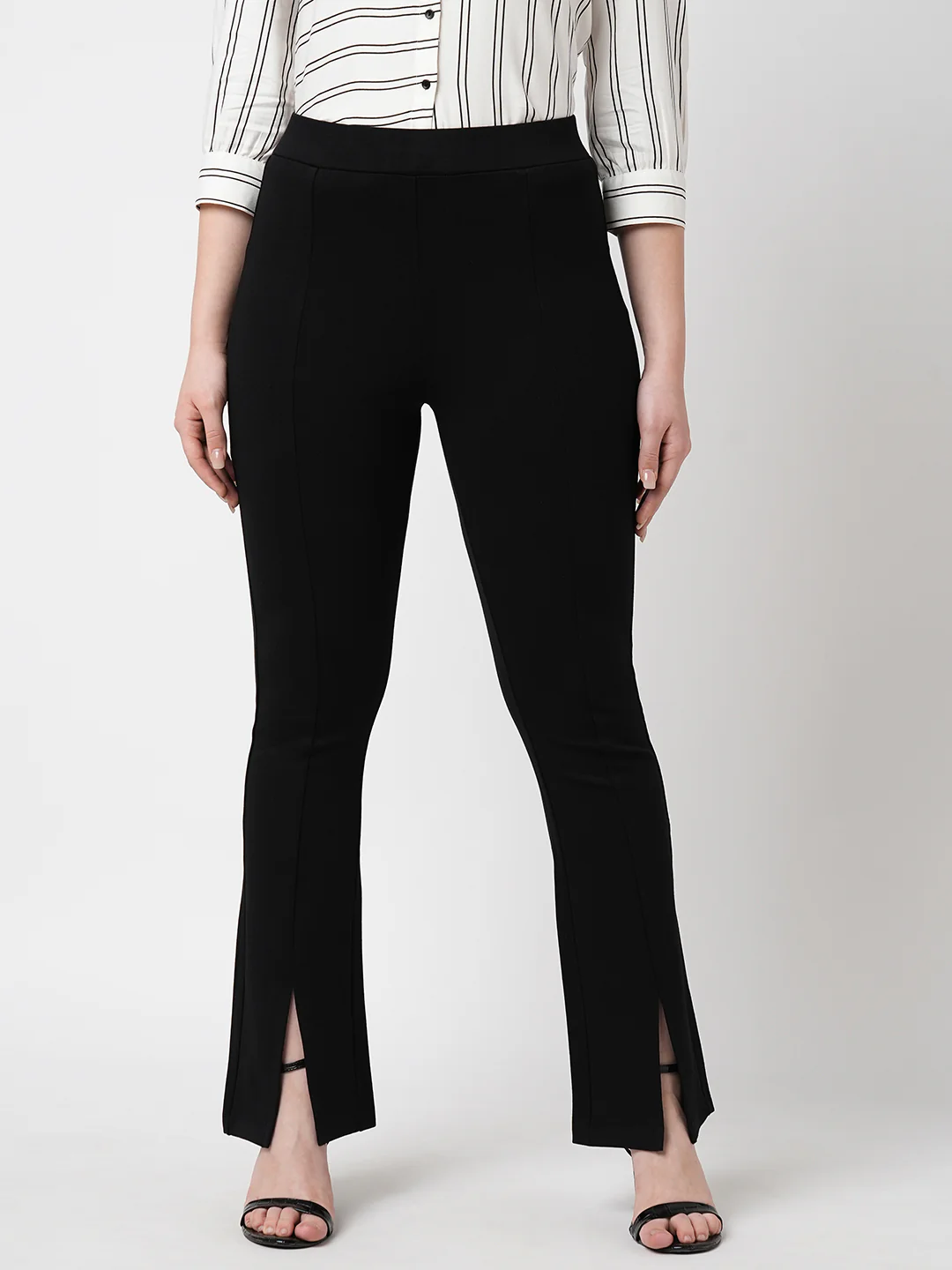 Women Black Mid-Rise Flare Treggings - Image 2