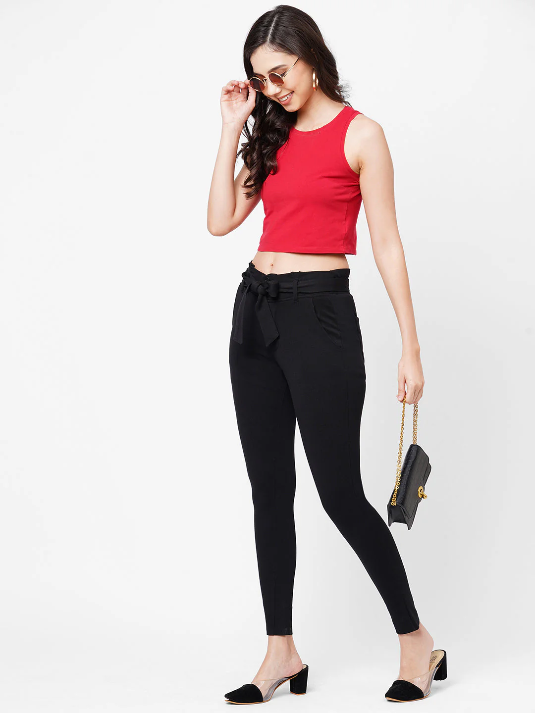 Women Black Mid-Rise Paper Bag - Image 4