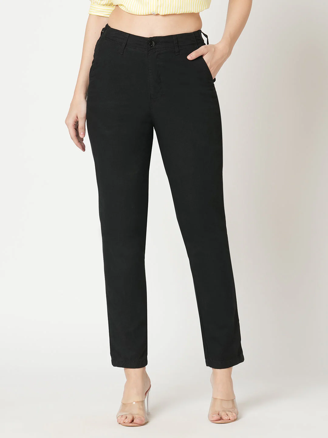 Women Black Mid-Rise Slim Fit Trousers