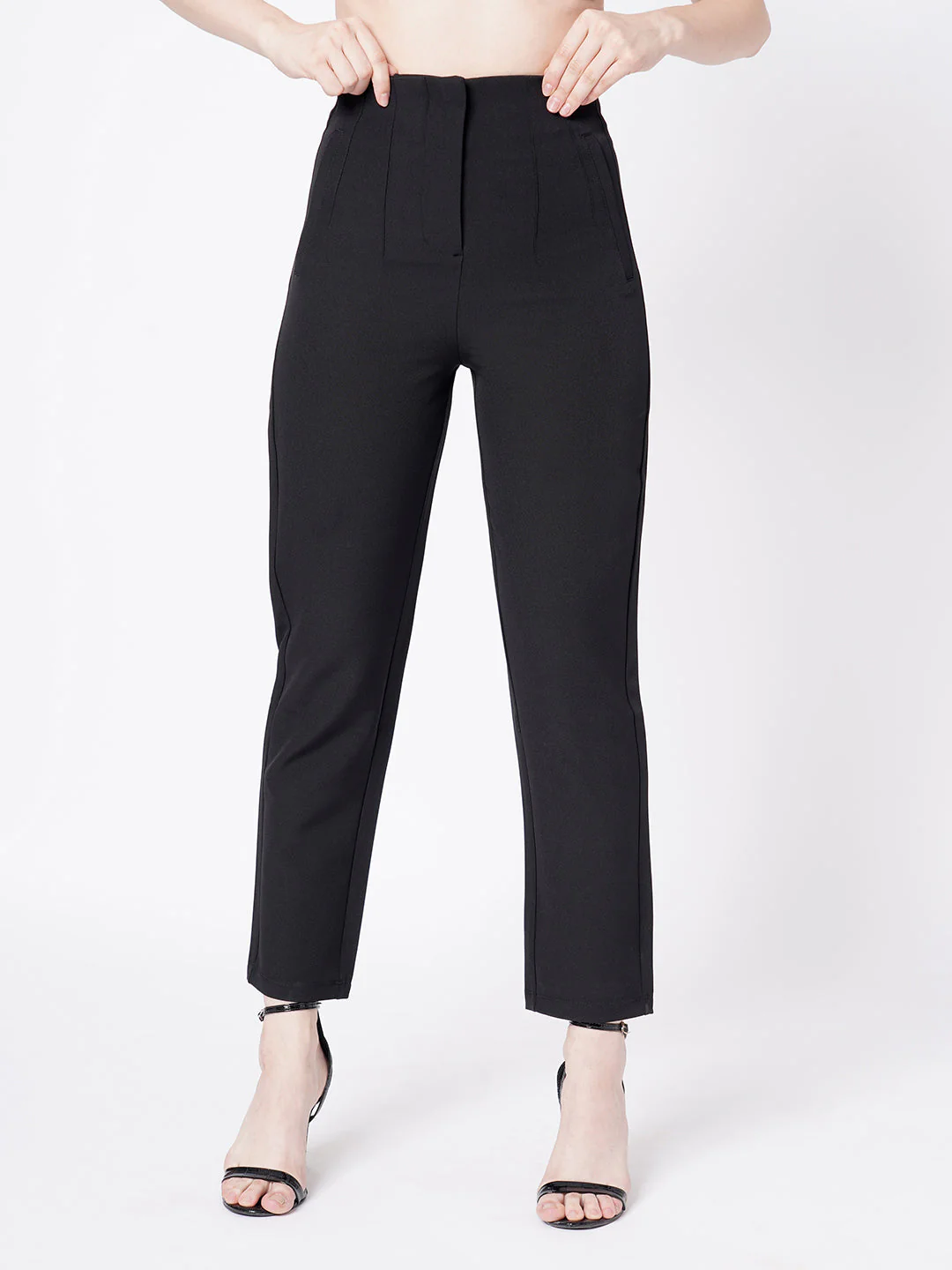 Women Black Mid-Rise Slim Fit Trousers - Image 2