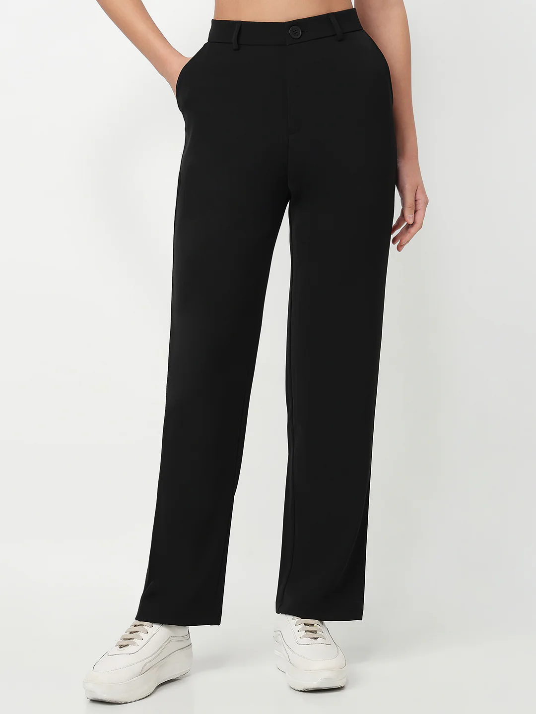 Women Black Mid-Rise Straight Fit Korean Pants - Image 2