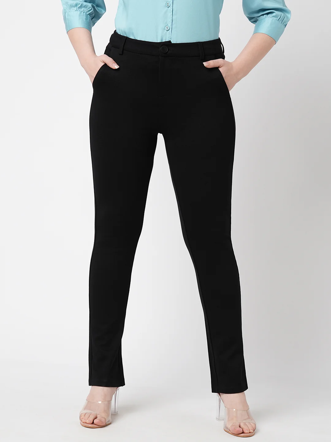 Women Black Mid-Rise Straight Fit Treggings - Image 2