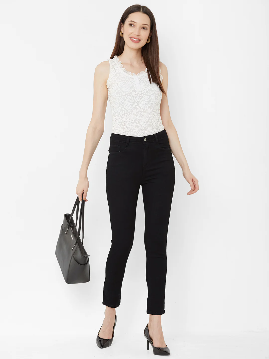 Women Black Mid-Rise Super Straight Crop Fit Jeans