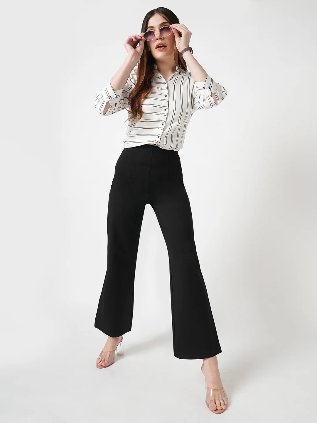 Women Black Mid-Rise Wide Leg Treggings