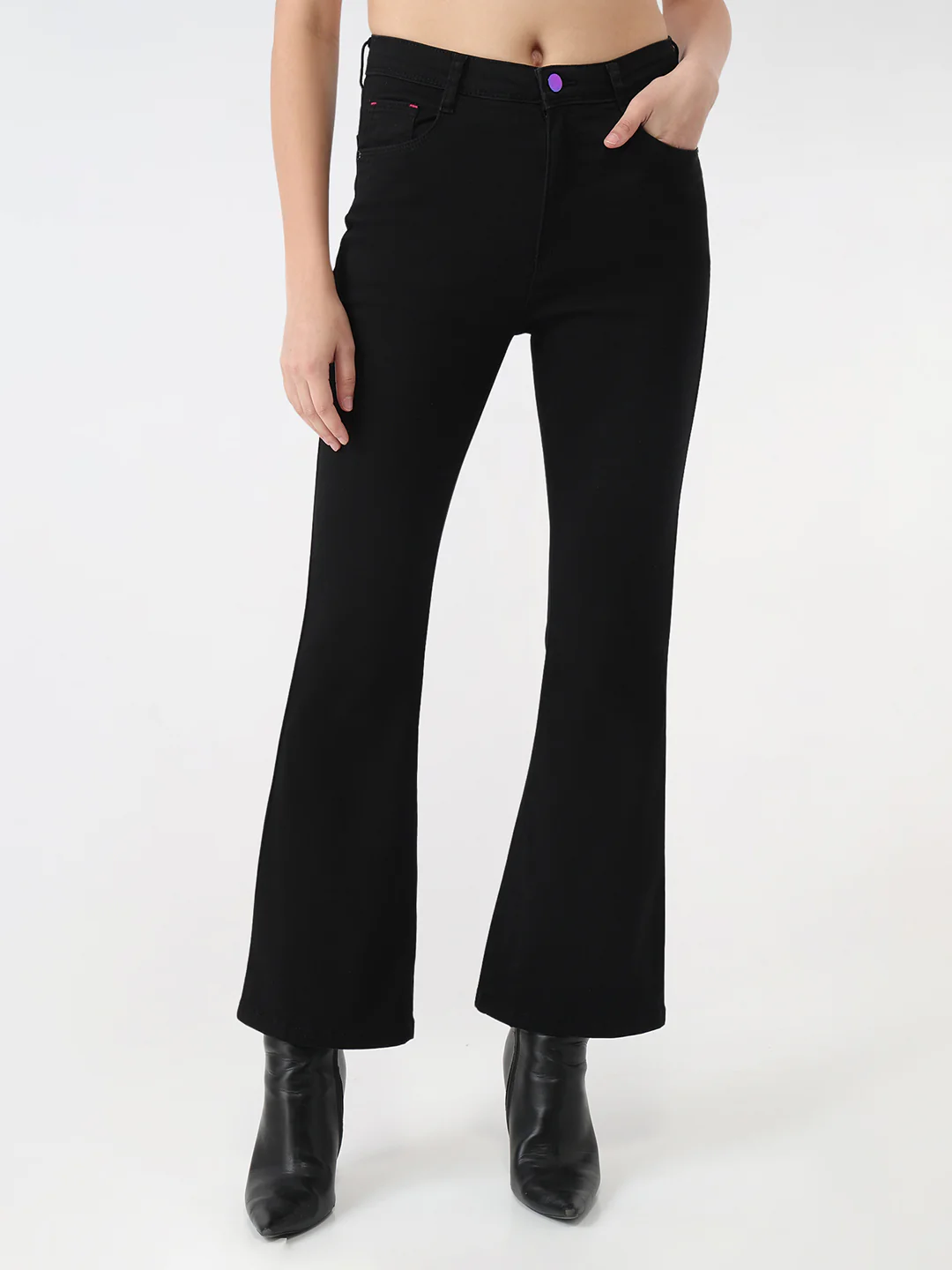 Women Black Mini Flare Jeans - Image 2