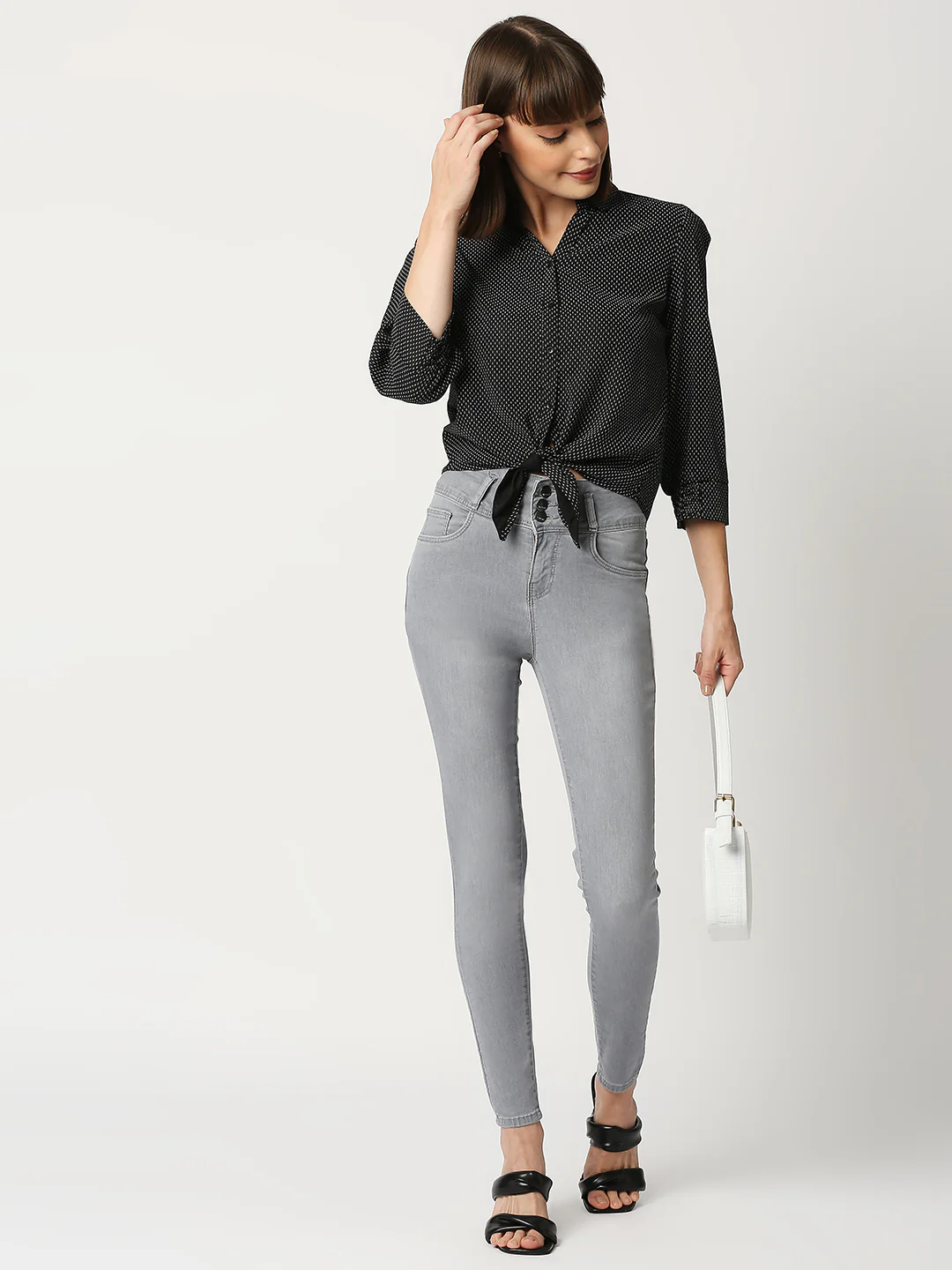 Women Black Slim Crop Shirt - Image 3