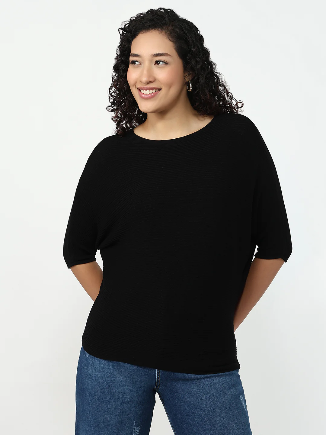 Women Black Slim Fit Batsleeve Top - Image 2