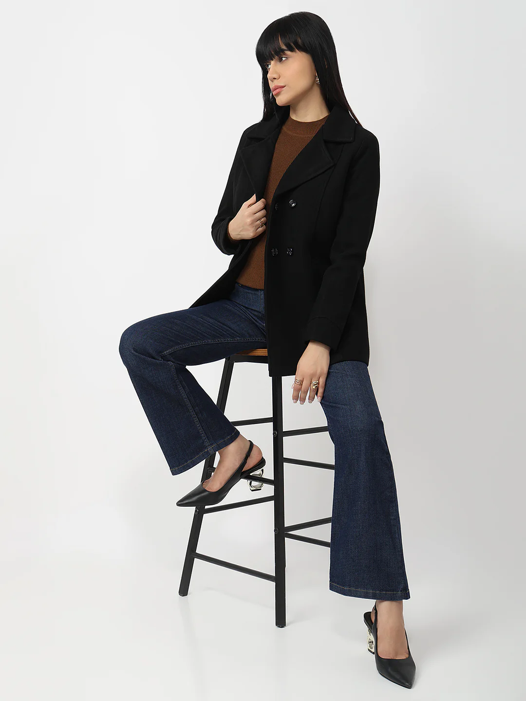 Women Black Slim Fit Coat
